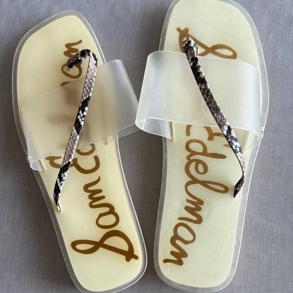 Sam Edelman Cream Clear-Band Sandals with Snake-Print Thong